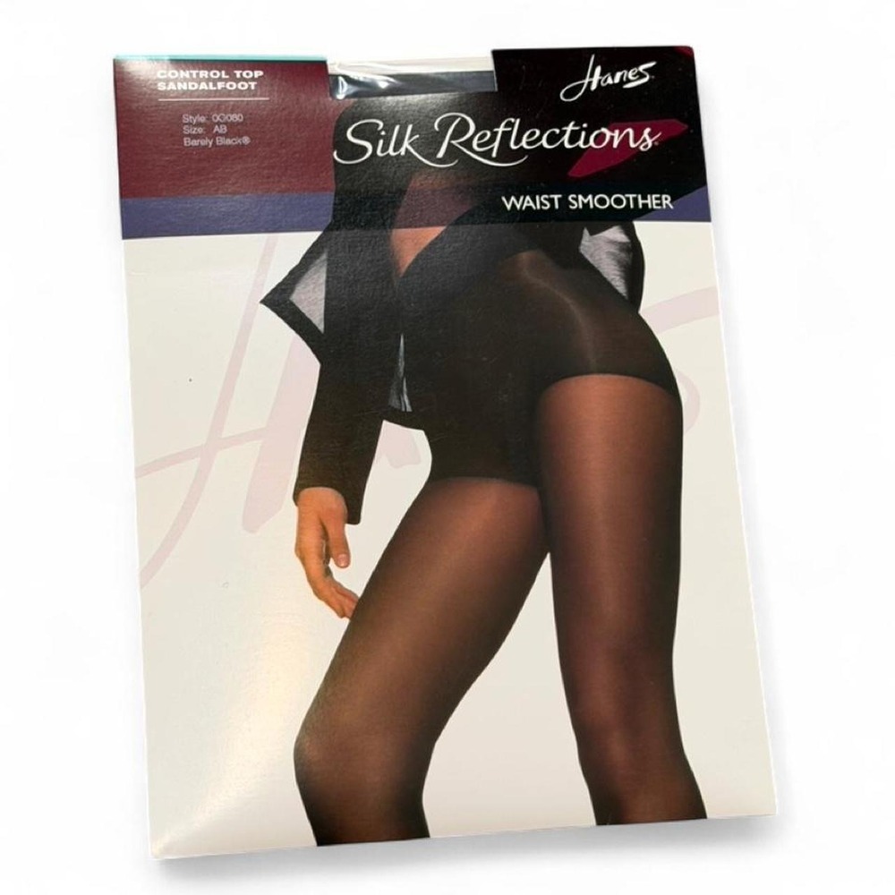 Vintage 90s Hanes Silk Reflections Barely‎ Black Waist Smoother Pantyhose, NOS